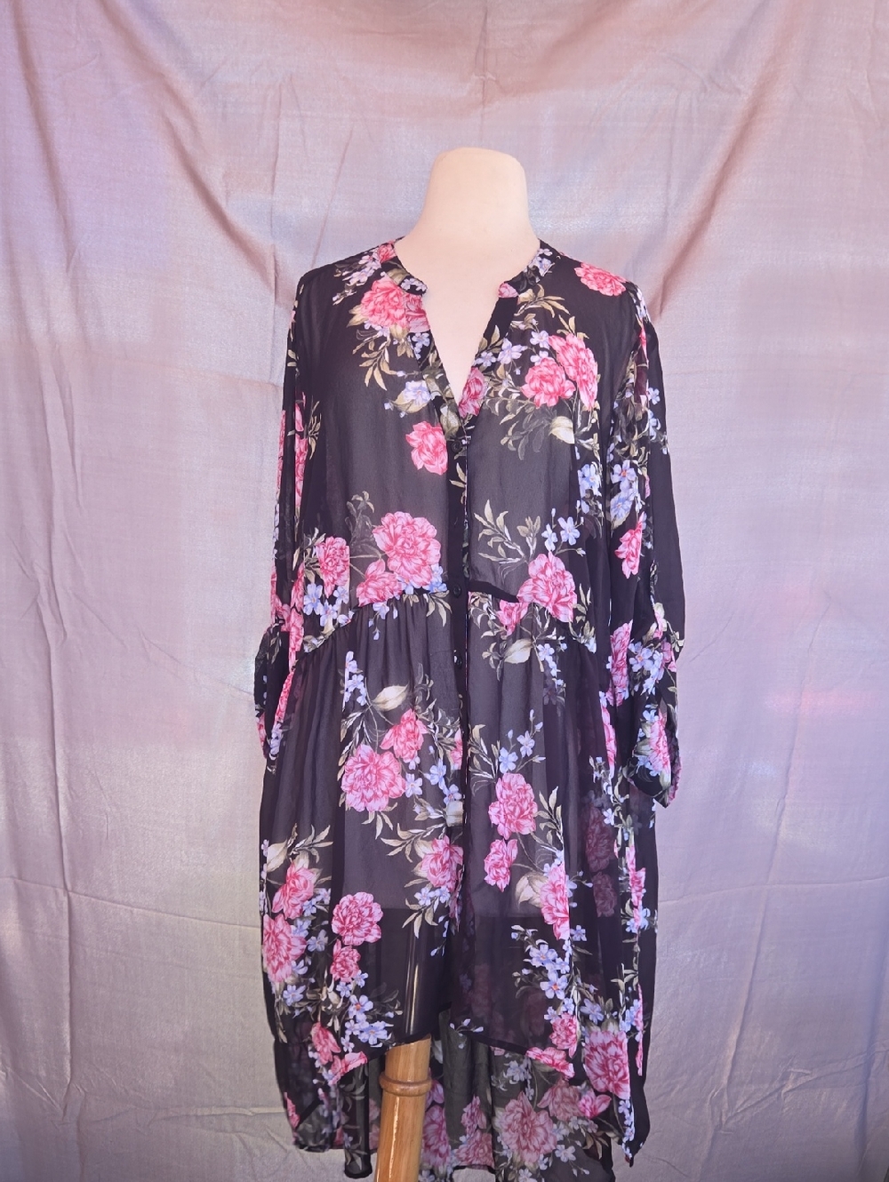 torrid Black Floral Top with Pink and Lavender Blooms